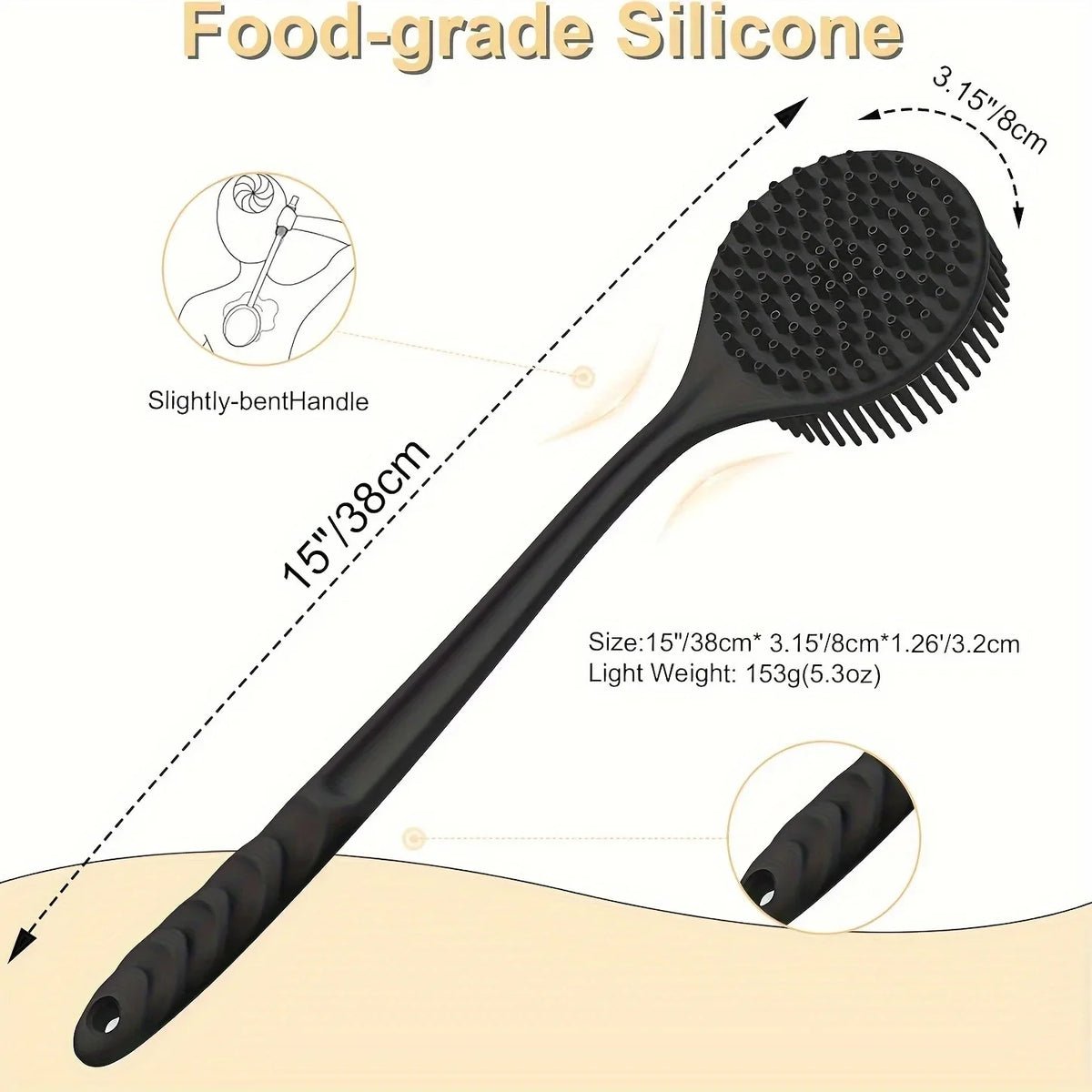 Silicone Back Scrubber Brush for Shower  Long Handle Body Deep Cleansing and Exfoliating Massage Double-Sided Soft Bristles